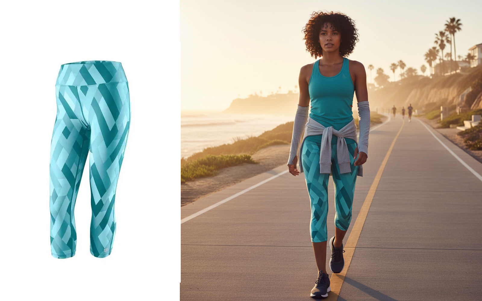 Before and after: Turquoise activewear leggings to model wearing athletic clothing on coastal road