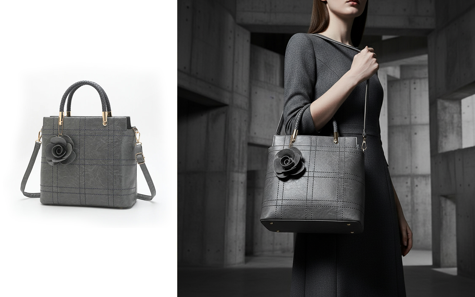 Before and after: Gray quilted handbag to model carrying bag in modern setting