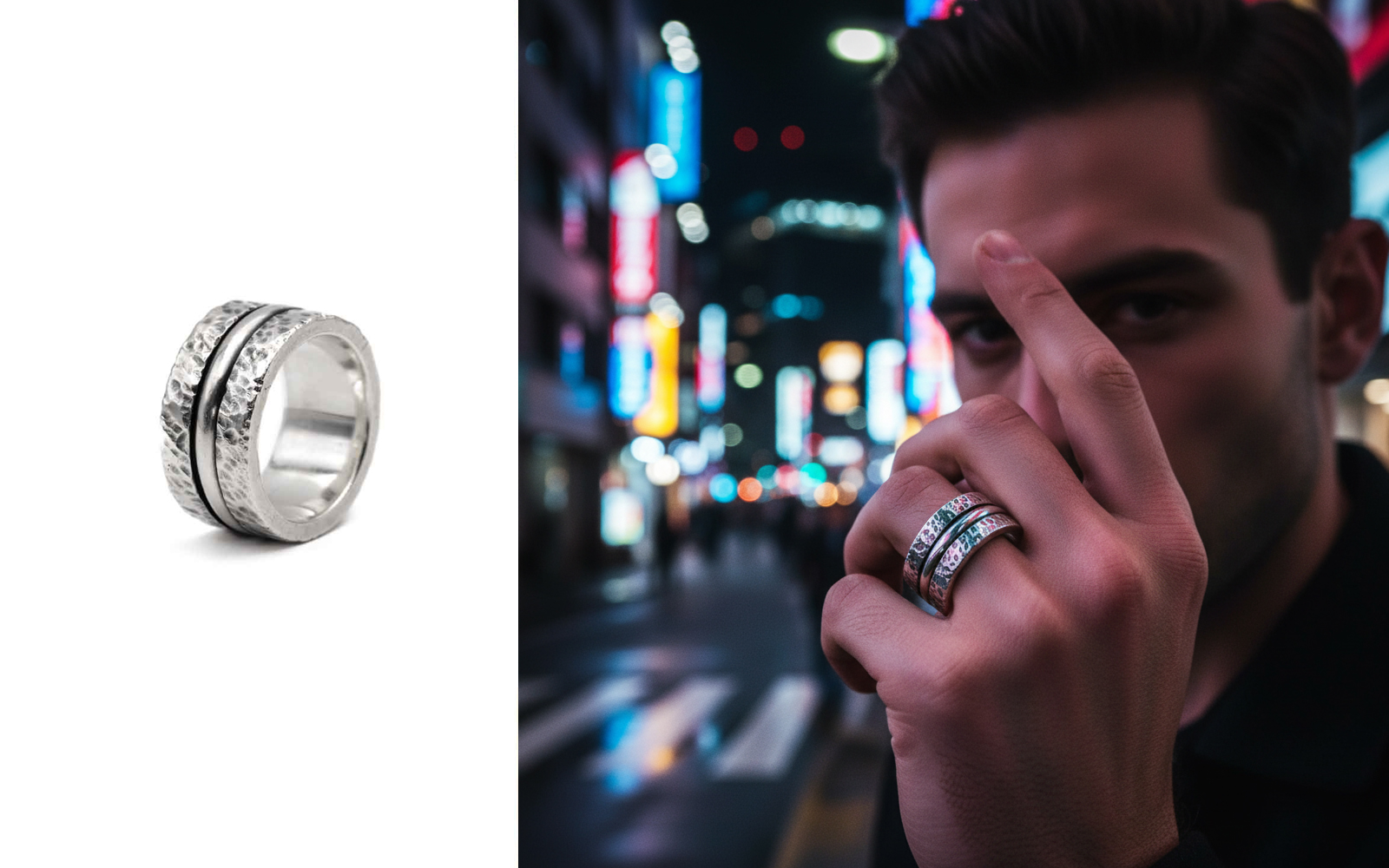 Before and after: Silver ring product to model wearing ring in urban setting