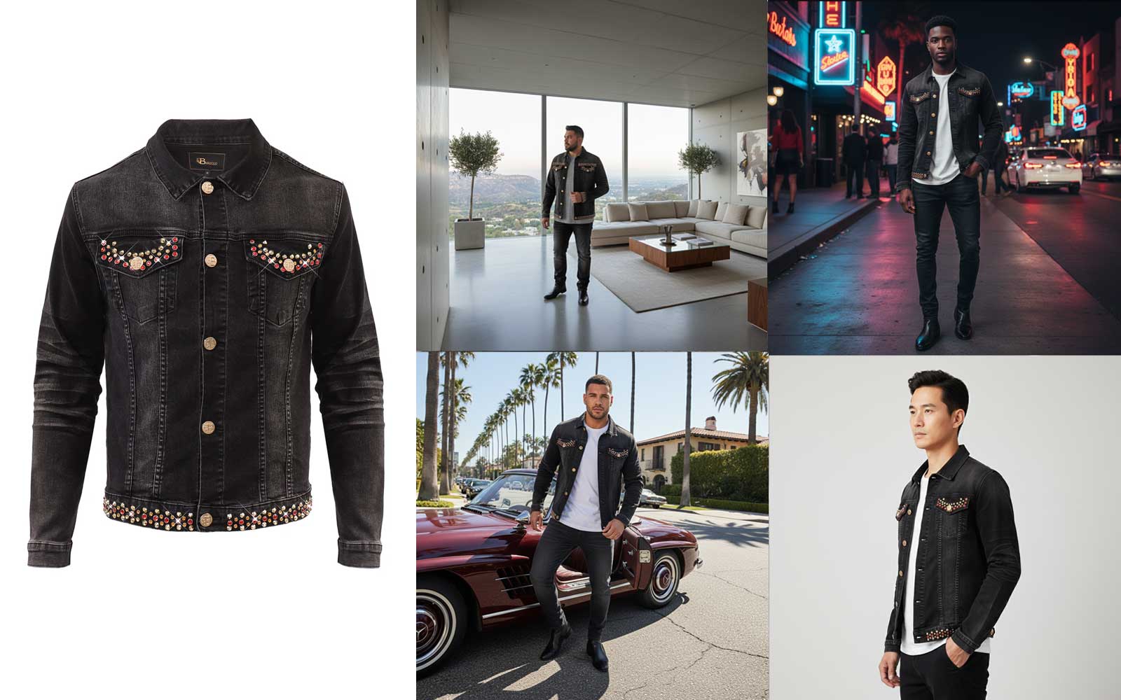 Before and after: Denim jacket product to models wearing jacket in various settings