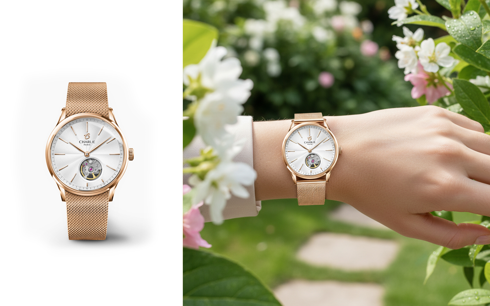 Before and after: Rose gold watch product to model wearing watch in garden